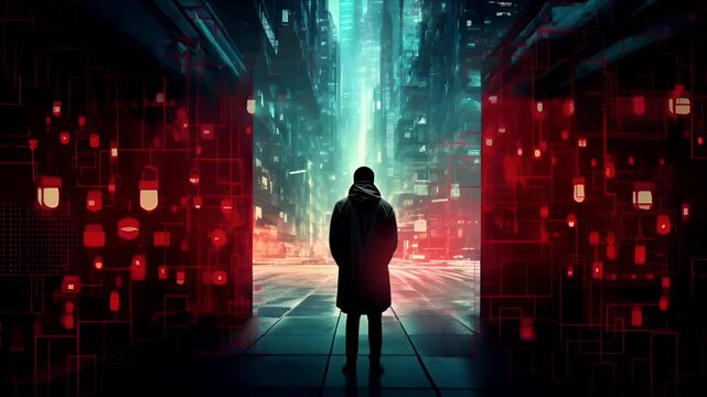 A cyberpunkinspired digital artwork featuring a solitary figure standing in the middle of a neonlit cityscape. The figure is dressed in a hooded cloak.