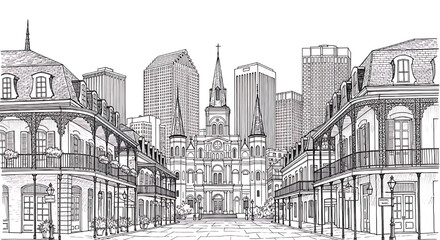 Hand-drawn sketch of a New Orleans French Quarter street scene. Detailed black and white vector illustration of the city's iconic architecture.