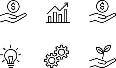 Set of Business Development Icons Depicting Growth, Idea Generation, Investment, Collaboration and Nurturing, Essential Visuals for Corporate Presentations and Marketing