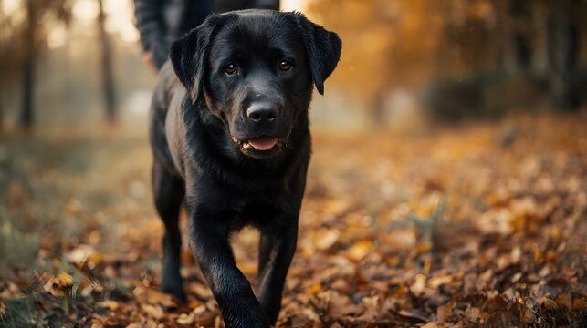 A black Labrador dog walks through a park filled with fallen autumn leaves looking towards the viewer with a friendly expression - Powered by Adobe