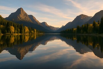 Windows 11 Wallpaper: Sunset over peaceful alpine lake with mountain range reflection in calm water and golden evening light