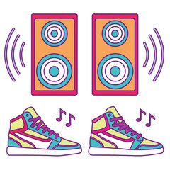 Colorful Retro Cartoon Illustration Featuring Loudspeakers, Musical Notes, and Stylish High-Top Sneakers for a Fun, Nostalgic Design Perfect for Posters, T-Shirts, and Social Media