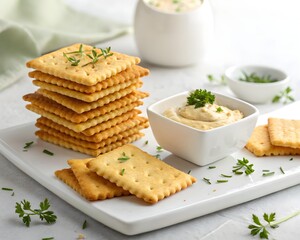 Stacked Golden Crackers — Crispy Baked Snack and Savory Appetizer Photography
