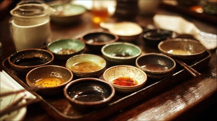 faint outlines of dipping sauces and utensils softly blurred around.