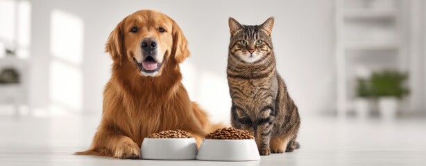 Fototapeta na wymiar The golden retriever and tabby cat enjoying mealtime together in a bright home.