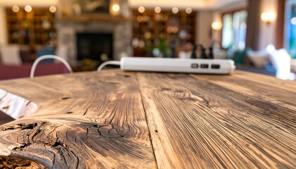 Close-up of a rustic wooden table top.  Blurred interior background