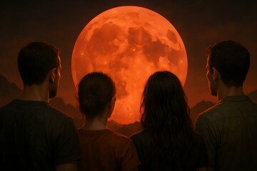 Windows 11 Wallpaper: Silhouettes of friends standing together watching dramatic red moon in warm night sky with deep emotional atmosphere