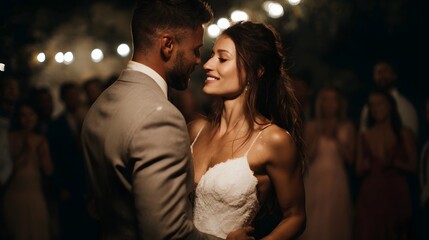 First dance of bride and groom under twinkling lights at their wedding reception