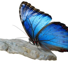 Windows 11 Wallpaper: Blue butterfly resting with closed wings on rock surface isolated on white background, ideal for scientific, natural or decorative concepts