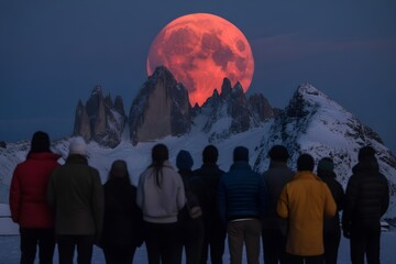 Windows 11 Wallpaper: Crowd of people observing massive red moon rise above mountain peaks during twilight in dramatic celestial night scene