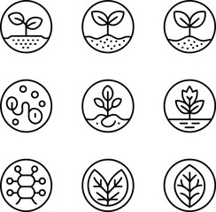 A Collection of Nine Plant Growth Icons Representing Different Stages of Development and Biological Processes Displayed Within Circular Frames Depicting Nature