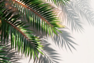 Fototapeta premium shadow overlay effects of realistic palm branch leaf shadow with light blur on transparent background, summer sunlight and shadow overlay effect, natural shadow of tropical plants