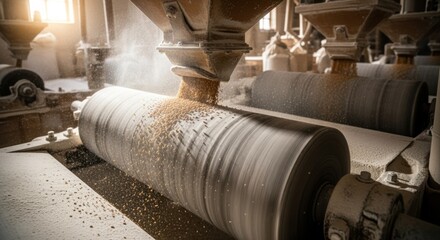 Interior shot of milling machines crushing wheat grains with detailed focus on spinning rollers and flour dust particles in the air.