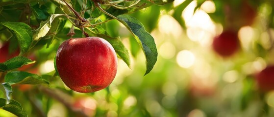 The Apple in Sunlit Branches: A Closeup of Red Fruit Glowing in Nature