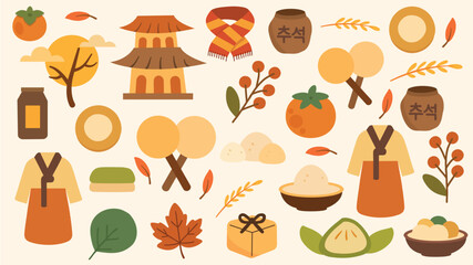 Chuseok festival illustration with hanbok temple food and gifts