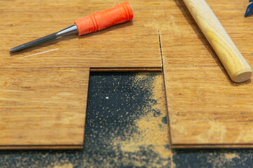 Close-up of wood flooring being removed using a chisel, visible sawdust and underlayment, early...