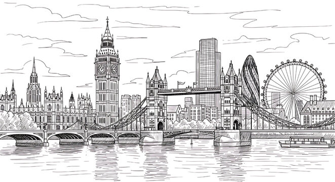 Detailed hand-drawn illustration of the London skyline over the River Thames. Sketch includes Tower Bridge, Big Ben, and the London Eye.