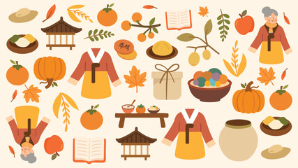Korean Chuseok icons with fruits pumpkins family and culture