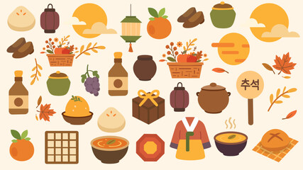 Traditional Chuseok symbols with food lanterns clothing and harvest