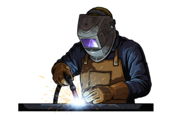 Pixel Art Welder Wearing Protective Gear Working on Metal with Sparks and Flame