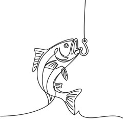 One line drawing of a fish being caught on a hook