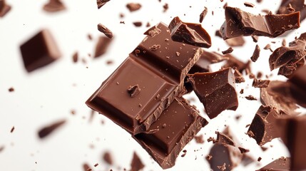 Shattered milk chocolate pieces suspended in motion, fine cocoa particles floating around, crisp white background, overhead perspective, studio lighting for rich tones