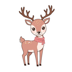 Fototapeta premium Cute cartoon reindeer in a scarf, illustration isolated winter christmas illustration with festive design and holiday decoration for seasonal art