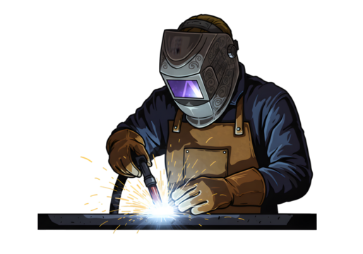 Pixel Art Welder Wearing Protective Gear Working on Metal with Sparks and Flame - Powered by Adobe