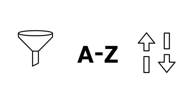Illustrations displaying filtering, alphabetical sorting and ascending/descending order