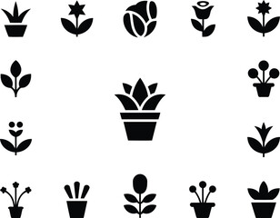 Elegant Botanical Garden Featuring a Variety of Beautiful Plants and Flowers Displayed as Black Silhouette Illustrations Against a White Background