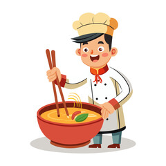 Creative vector illustration of male chef stirring hot soup with giant chopsticks, modern culinary kitchen concept for food design.