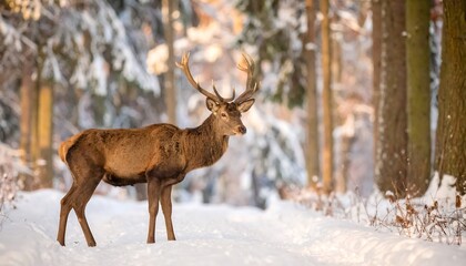 Fototapeta premium Majestic stag in a snowy forest