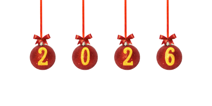 Composition of red Christmas and New Year balls with red ribbon numbers 2026 hanging on white background