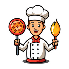 Creative vector illustration of male chef holding pizza paddle with glowing pizza, perfect for restaurant branding, Italian food, culinary logos.