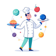 Creative male chef serving a plate with tiny planets food, unique cosmic culinary vector illustration for restaurant, fantasy cooking artwork