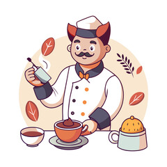 Creative male barista chef making latte art cat design, modern coffee illustration for café branding, restaurant logo, beverage artwork