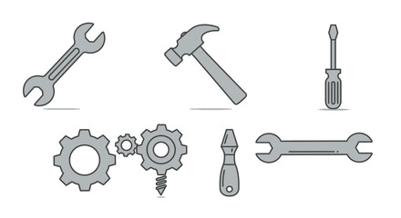 Set of grey hand tools vector illustration, including wrench, hammer and screwdriver