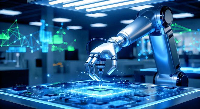 Precision Robotics: AI-Powered Robotic Arm Assembling a CPU on a Holographic Interface in a High-Tech Laboratory - Powered by Adobe