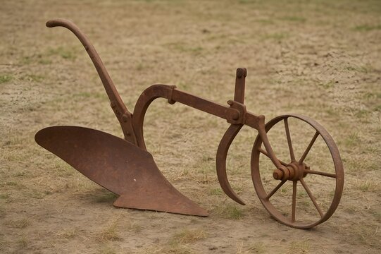 A vintage and rusty cast iron walking plow with a large moldboard and spoked wheel sits on a field of dry, sparse grass and dirt.
