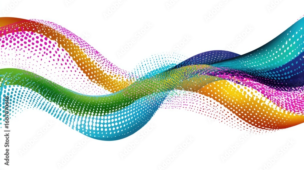 Poster colorful wave patterns with vibrant dots creating a dynamic flow, perfect for background designs and