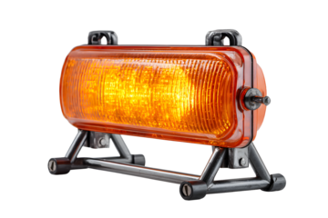 Road barrier blocking traffic, displaying blinking orange warning light, highlighting safety precautions against clear backdrop