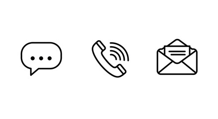 Simple communication icon set showcasing message phone and email on white backdrop