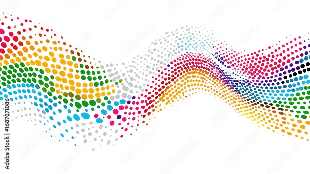 Poster a vibrant, abstract wave of colorful dots creating a dynamic visual effect against a white backgroun