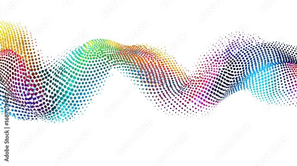 Poster a vibrant and colorful wave of dots creating a dynamic visual effect on a white isolated background,
