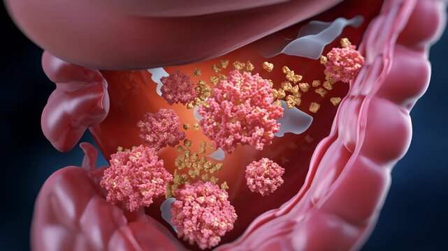 Digital illustration of digestive system showcasing interactions of food particles and enzymes within intestines, highlighting complexity of human