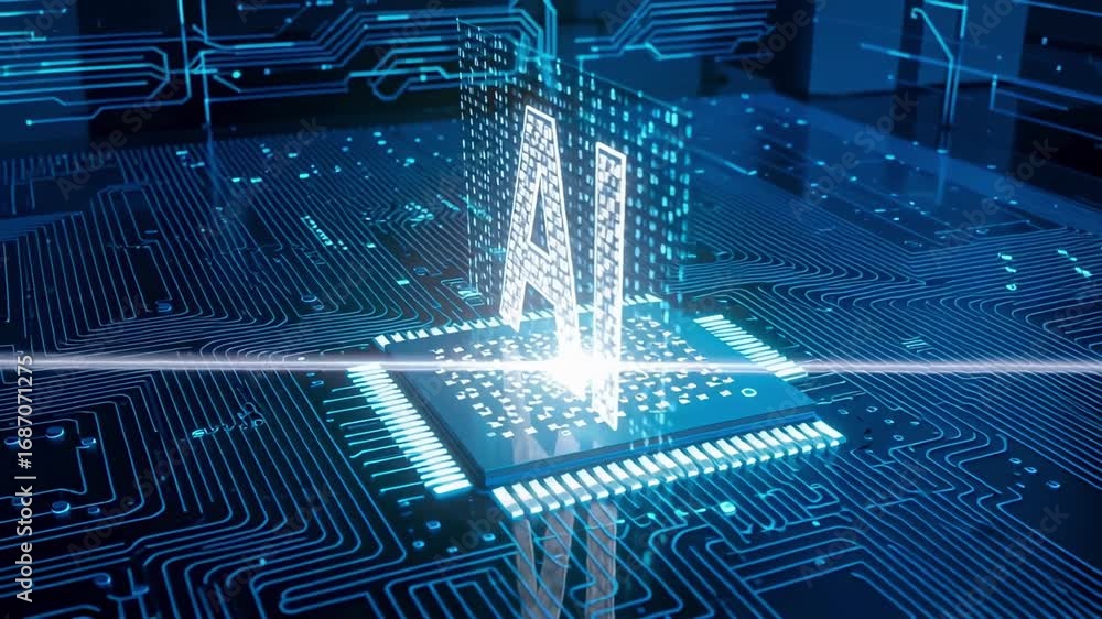 Poster futuristic ai concept with glowing circuitry and data processing visualized on a microchip for techn