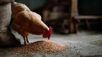 Chicken forages for food in rustic setting surrounded by sacks, showcasing connection between animals and food chain