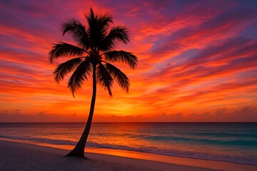 Windows 11 Wallpaper: Lone palm tree at colorful ocean sunset with dramatic sky