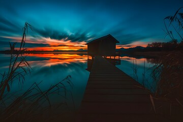 Windows 11 Wallpaper: Wooden cabin over lake at sunset with warm sky reflection