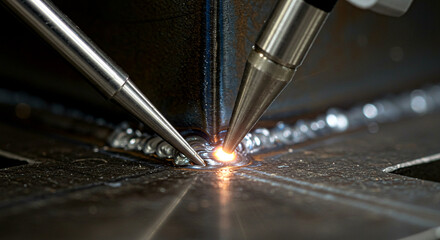 Dual Welding Torches Joining Metal Components with Bright Arc and Weld Beads